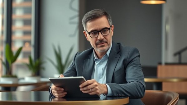 Professional man strategizing dental practice branding in a cafe.