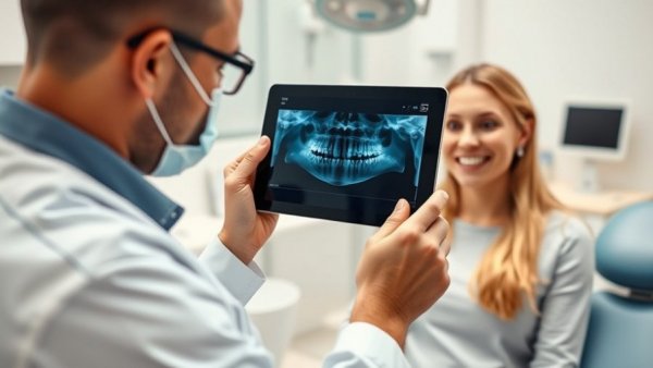Dentist showing X-ray on tablet in modern dental office.