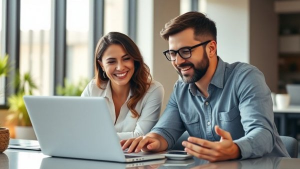 Professionals discussing brand identity ideas on a laptop in 2025.