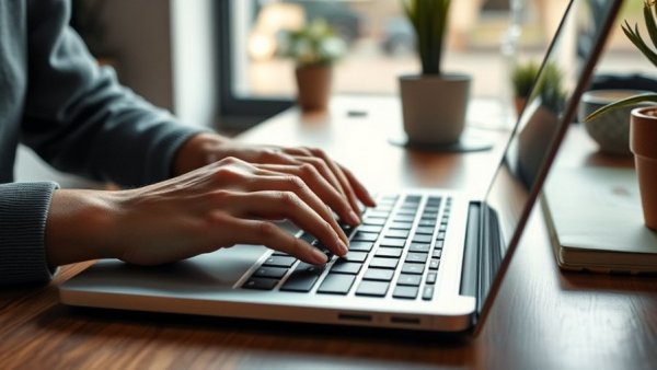 Hands typing on laptop, crafting content that catches, in bright workspace.