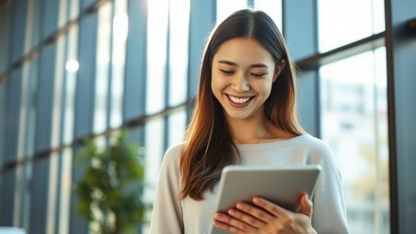 Young woman smiling using a tablet in a sunlit modern space showcasing who you are in dental practice.