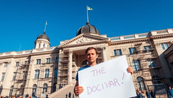 Protester holds sign on taxation near a scaffolding-covered building, Trump's tariffs job layoffs.