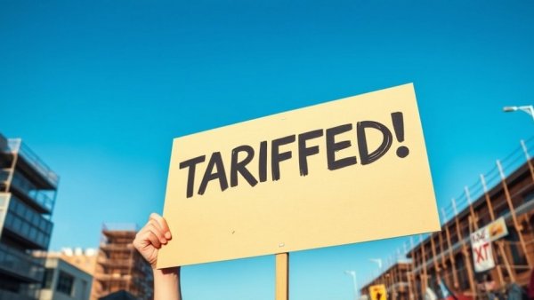 Protest sign about tariffs against blue sky, symbolizing impact.