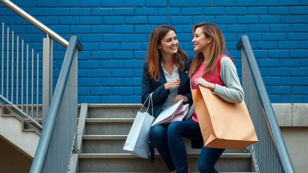 Gen Z discussing spending cutbacks on metal stairs with bags.