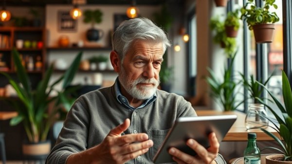 Man in cafe using tablet for branding dental practices.