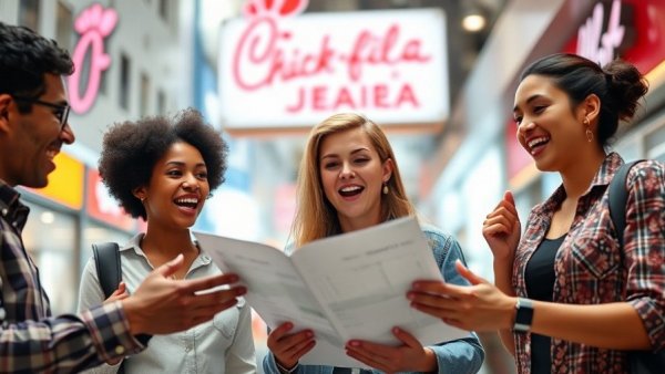 Group analyzing Chick-fil-A sales performance, engaged discussion.