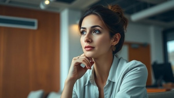 Woman in office setting reflecting on eXp Realty review