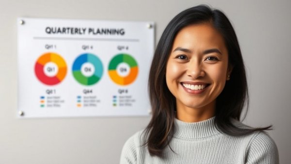 Quarterly planning guide visual with woman and pie charts.