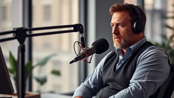 Professional discussing HVAC and plumbing business in podcast setting.