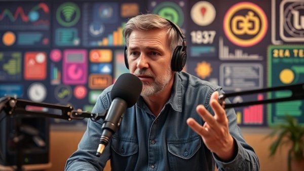Middle-aged man discussing HVAC costs on podcast, vibrant studio.