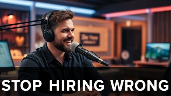 Man discussing hiring practices in podcast with text overlay 'STOP HIRING WRONG'.