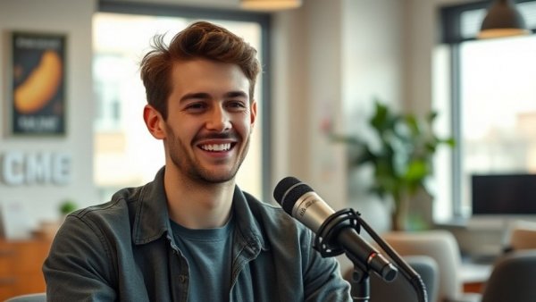 Casually dressed young man discussing challenges of running a plumbing business.