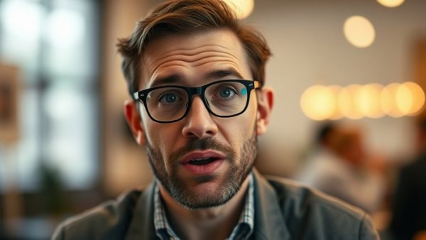 Casual man discussing AI advancements in a soft-lit room.