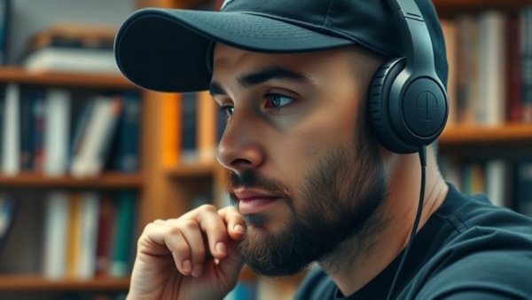 Contemplative man in black cap, headphones, warm office lighting, People Go WAY Too Early.