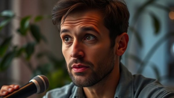 Man in a thoughtful expression, speaking into a microphone indoors.
