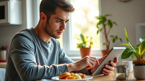 Young man using tablet while eating, morning light, kitchen setting.