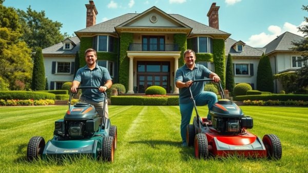 Profitable lawn care business strategy with luxury mansion and greenery.