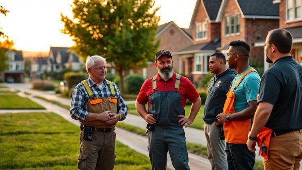 Lawn care team discussing work in suburban neighborhood.