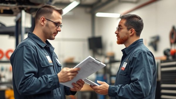 Mechanic checking lift safety inspection tags in a garage.