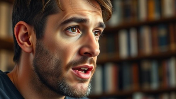 Thoughtful man discussing choices in a library setting