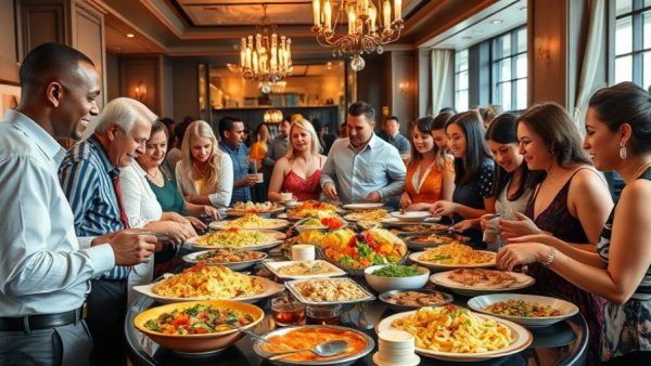 Event marketing for restaurants with people at a lively buffet.