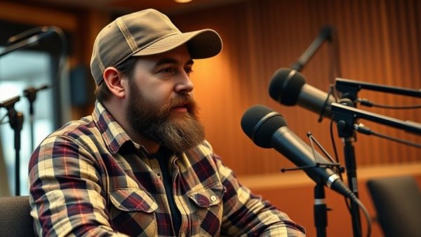 Casual man discussing business lessons, indoor studio setting.