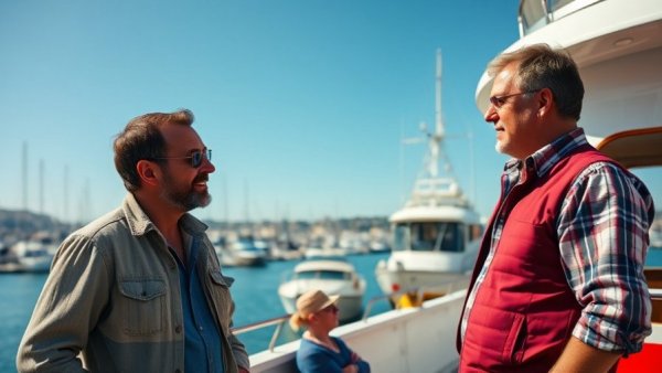Advice for 17 year olds: Two men talking on a boat.