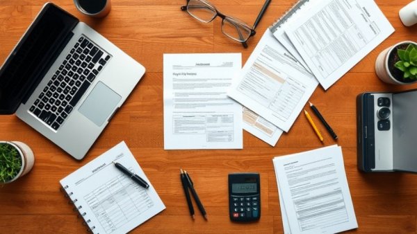Bookkeeper's desk with laptop, calculator, and notes for essential duties.