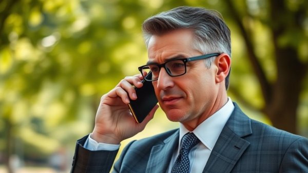 Middle-aged man in suit discussing small-business tax cut proposal via phone outdoors.