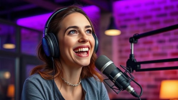 Woman podcasting to grow restaurant community, vibrant setting.