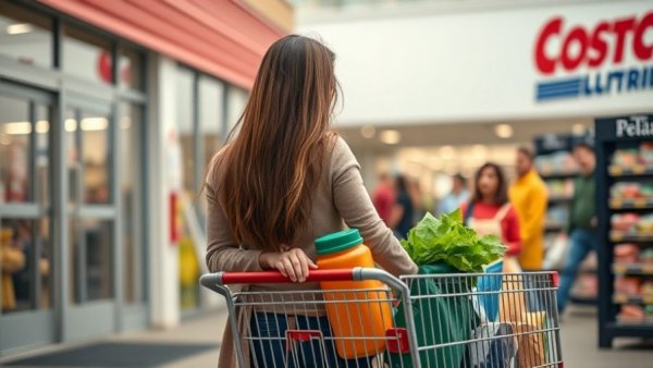 Costco shopping scene with woman pushing a grocery cart