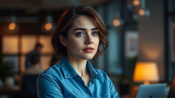 Confident woman contemplating quitting real estate in warm office setting.