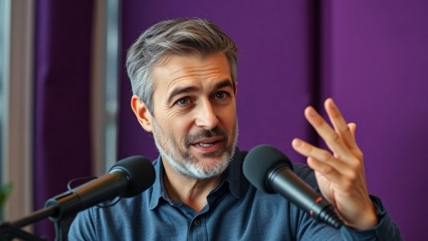 Confident man discussing on a podcast in a modern studio setting.
