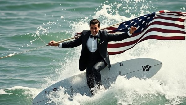 Confident man surfing with flag, symbolizing business valuations.