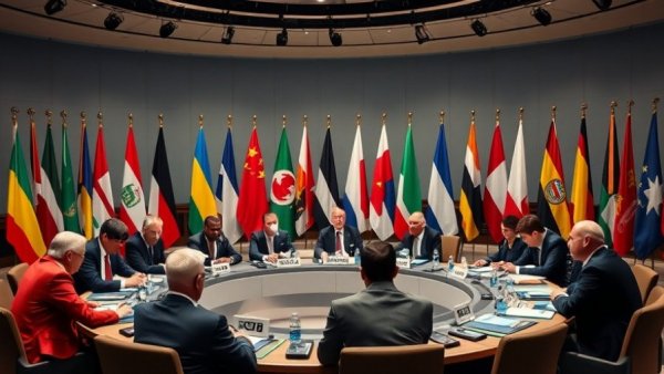 G20 summit attendees in discussion with diverse flags in background.