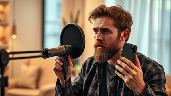 Man discussing a topic with microphone and phone, casual setting.