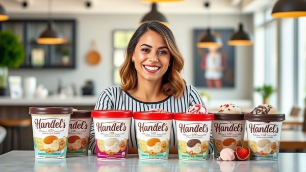 Handel’s Ice Cream variety pints and smiling woman indoors, ice cream expansion strategy.