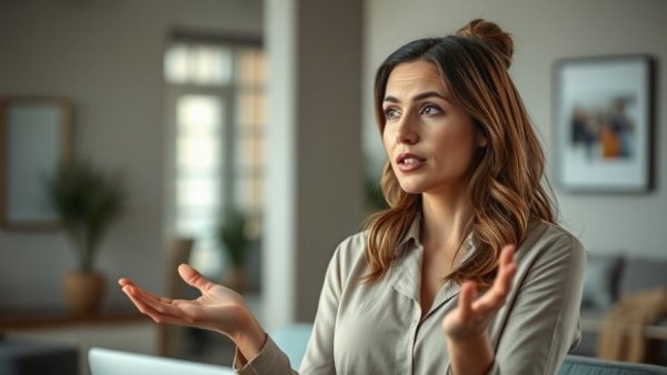 Confident woman discussing AI strategy in modern setting.