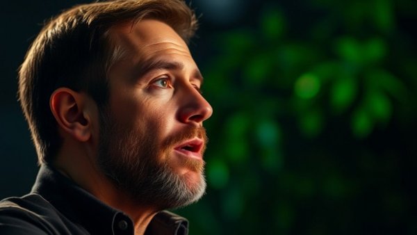 Focused man speaking about mental resilience in business, cinematic style.