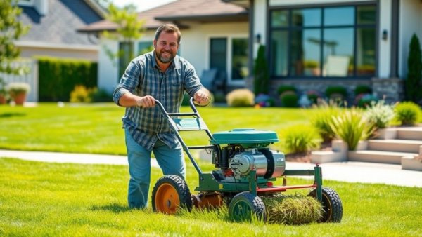 Man demonstrating topdressing techniques for lawn care on a sunny day.