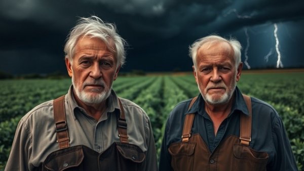 California farmers crisis depicted with farmers under stormy sky.