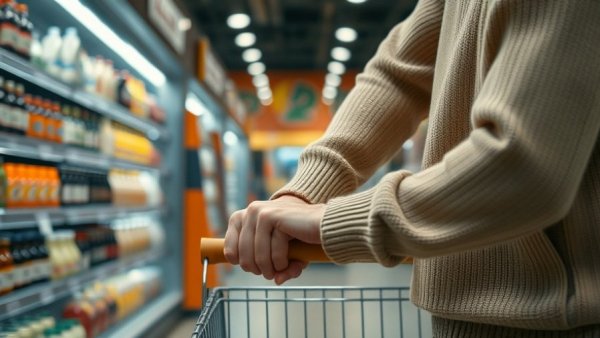 Person shopping in grocery aisle with a cart, examining items.