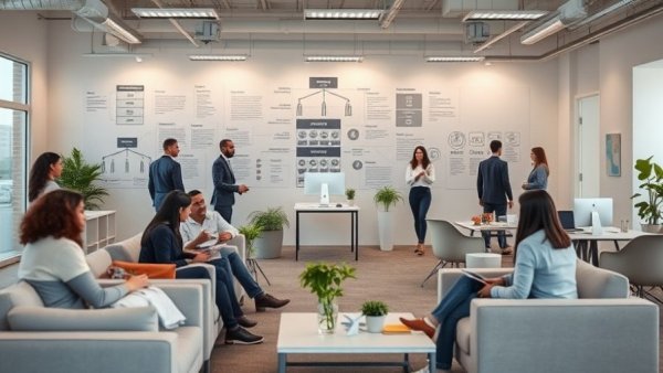 Modern corporate office with team and structure diagrams.