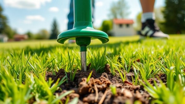 Close-up of a lawn aeration process with soil plugs and aeration tool for thicker turf.