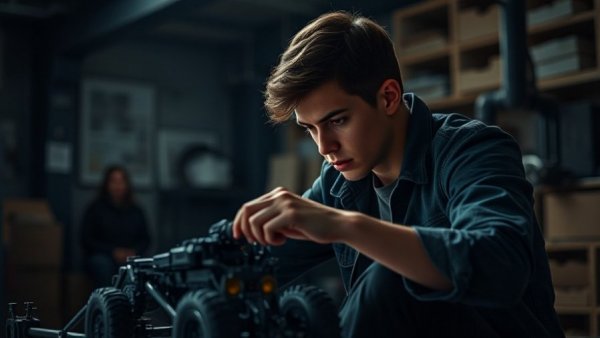 Young man focused on work in dim room; success is the only revenge.