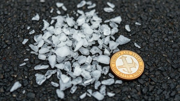 Hailstones on asphalt next to a coin for size comparison, checklist for hail preparation.