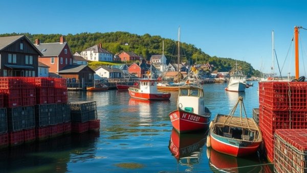 Lobster traps and fishing boats in a Maine coastal town harbor.