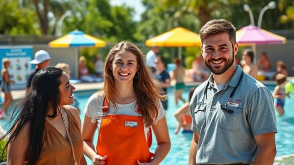 Landscapers engaging in community marketing at a pool event.