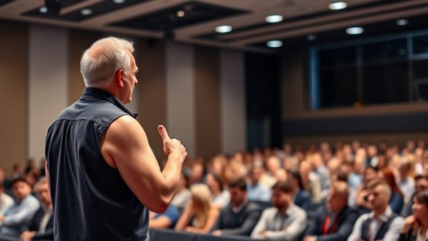 Energetic speaker at conference engaging audience.