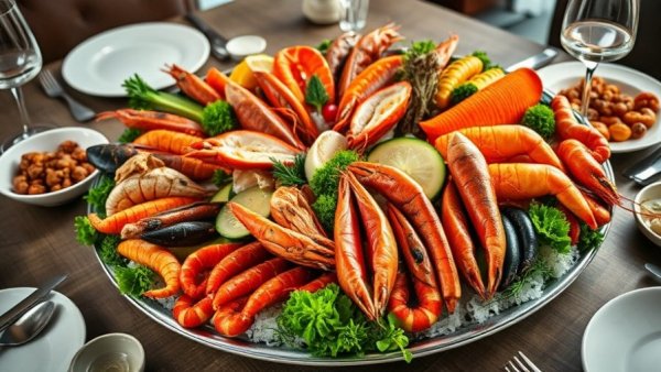 Exquisite coastal dining experience with assorted seafood dishes.
